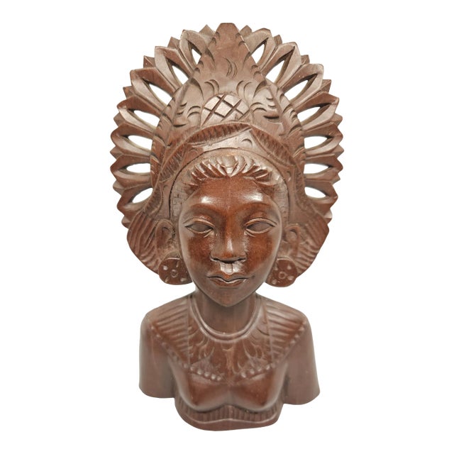 Vintage Hand Carved Wooden Bali Dancer Bust Sculpture For Sale