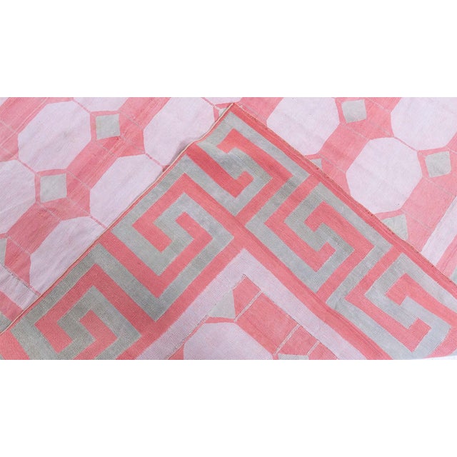 Pink Doris Leslie Blau Mid-Century Indian Dhurrie Pink Flatweave Cotton Rug Greek Key For Sale - Image 8 of 8
