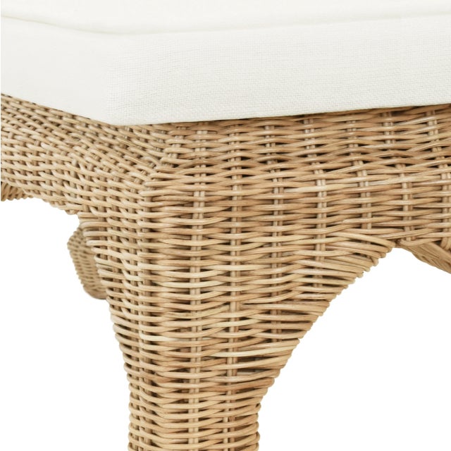 Worlds Away Matthew Izzo Home Massey Ming Style Rattan Bench With Ivory Linen Cushion For Sale - Image 4 of 4