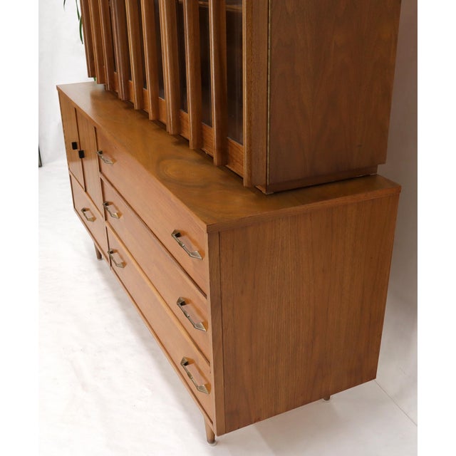 Wood Walnut mid century modern two-part hutch credenza display cabinet glass doors For Sale - Image 7 of 16