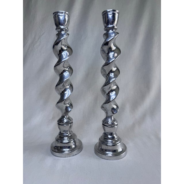 Mexican Vintage Large English Traditional Barley Twist Silver Tone Candlesticks, a Pair For Sale - Image 3 of 11