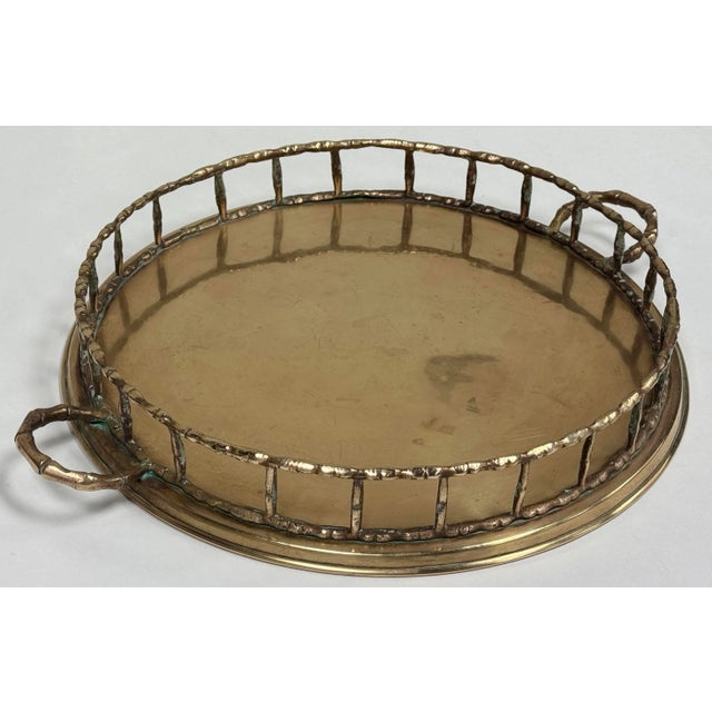 Mid 20th Century Vintage Round Brass Faux Bamboo Gallery Tray For Sale - Image 5 of 7
