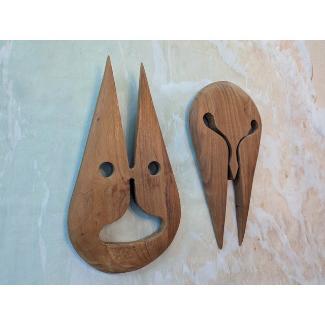 1970s Vintage Mid-Century Modern Abstract Teak Wood Wall Masks - A Pair For Sale - Image 10 of 12