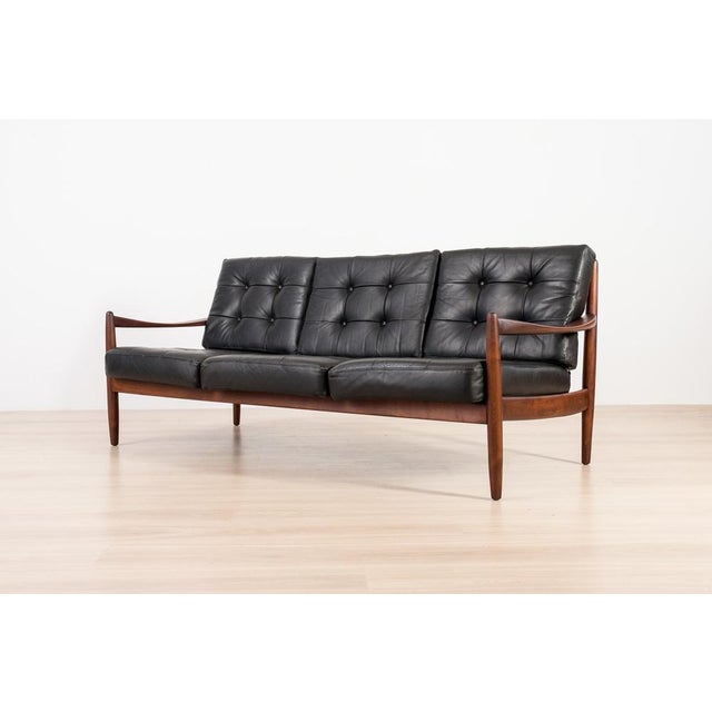 Scandinavian 3-Seater Sofa in Wood and Black Leather, 1960s For Sale - Image 12 of 12