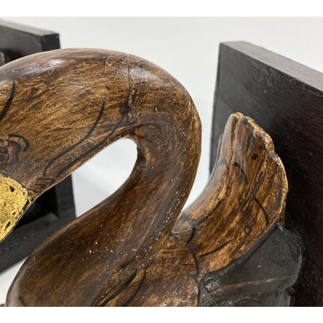 Brown Vintage Wooden Swan Bookends With Gilt Detail For Sale - Image 8 of 11