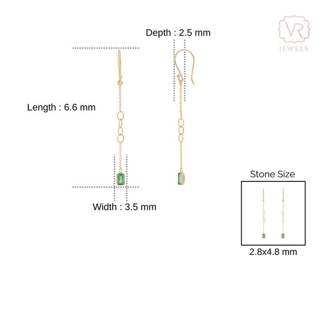Handcrafted Emerald Drop Chain Earrings in 14k Yellow Gold With Fishhook Closure- A Pair For Sale - Image 9 of 12