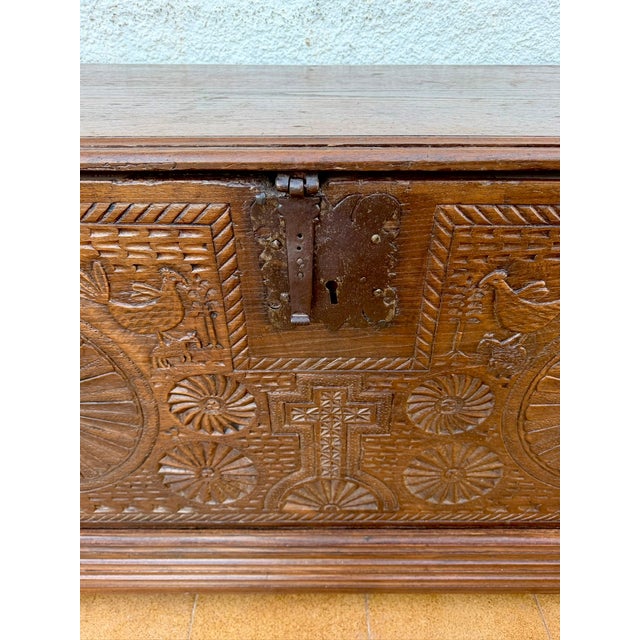 19th Century Spanish Carved Wooden Chest with Geometric and Floral Motifs, 1840 For Sale - Image 5 of 13