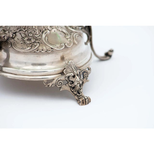 Blown Green Glass and Silver Fruit Bowl Centerpiece with Cut-Out Handles, in Very Good conditions. Designed 1890 to 1919...