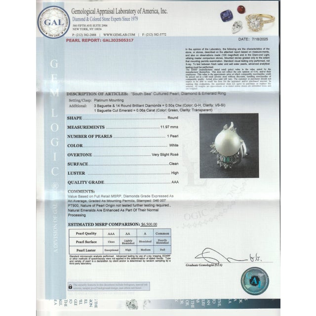 Mid-Century Platinum, Pearl, Emerald, & Diamond Cocktail Ring For Sale - Image 10 of 10