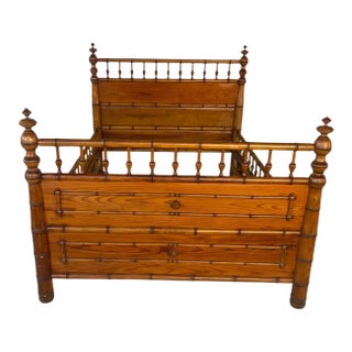 Antique French Faux Bamboo Bed Frame, Stained Pine For Sale