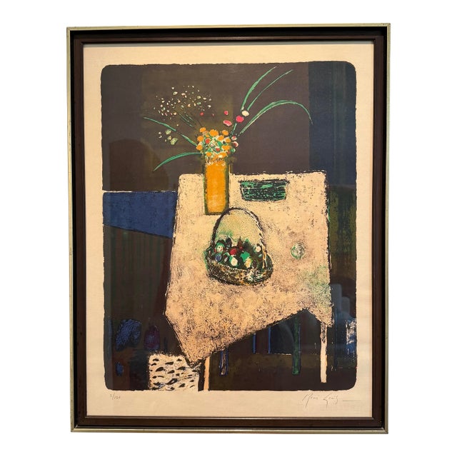 Mid 20th Century Rene Genis Signed Lithograph of Flowers and Basket on a Table For Sale