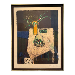 Mid 20th Century Rene Genis Signed Lithograph of Flowers and Basket on a Table