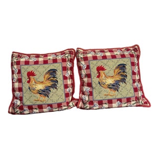 Pair of 1980s Country Chicken Pillows With Red Check Border For Sale