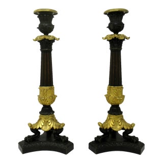 Antique Pair of French Empire Ormolu Patinated Bronze Dore Candlesticks Regency For Sale