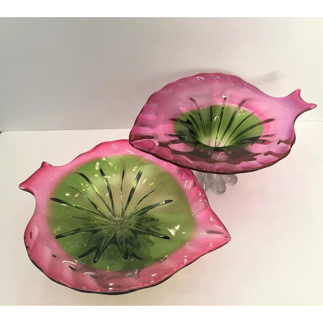 1960s 1960s Mid-Century Modern, Art Glass Pedestal Centerpiece Bowl, Leaf or Fish Shape in Pink, Green, Clear For Sale - Image 5 of 13