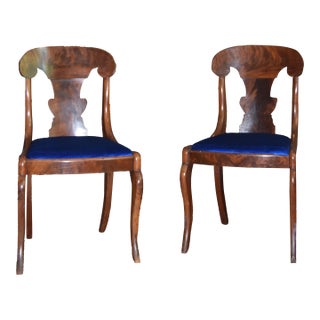 Pair of 19th-Century Flame-Mahogany Klismos / Empire Side Chairs — Upholstered in Royal-Blue Velvet For Sale