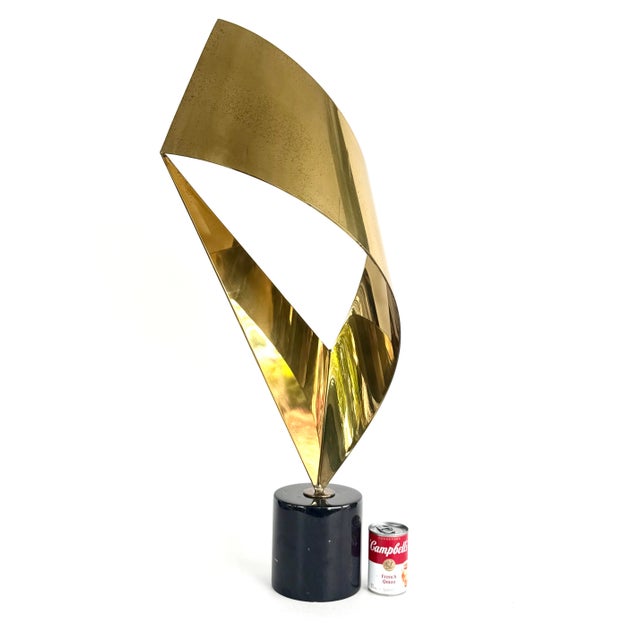 Vintage 1980's Curtis Jere Brass Ribbon Sculpture on a Marble Base For Sale - Image 9 of 12