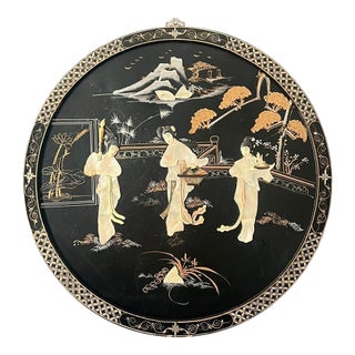 Large Chinese Lacquer Panel With Carved Mother-of-Pearl Figural Inlay, Mid-Century For Sale