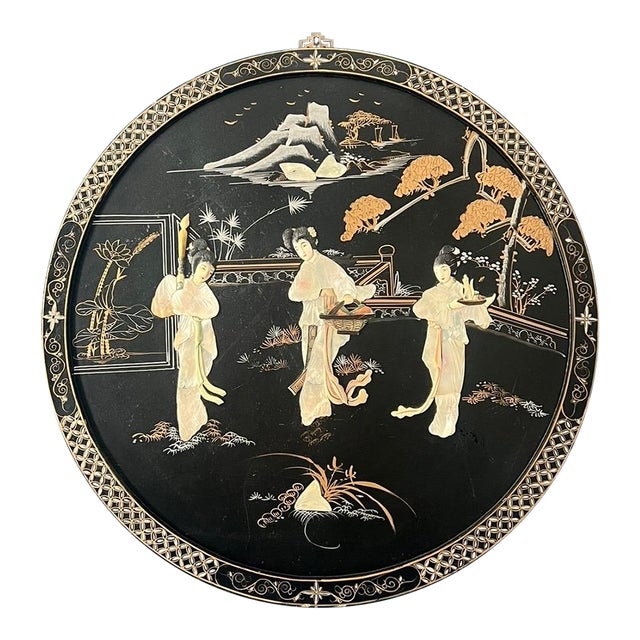 Large Chinese Lacquer Panel With Carved Mother-of-Pearl Figural Inlay, Mid-Century For Sale