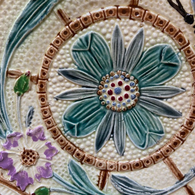 Majolica Flowers and Butterfly Plates from Wasmuel, 1890s, Set of 2 For Sale - Image 6 of 9