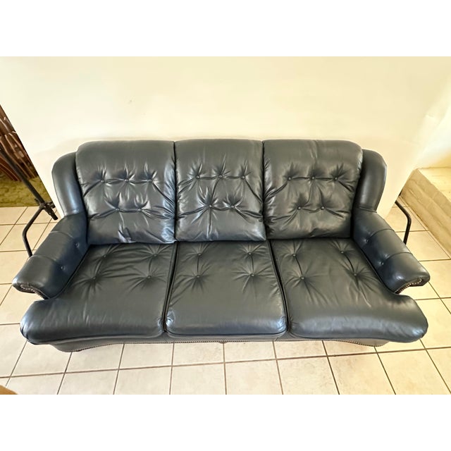 Navy Blue Vintage Navy Blue Leather Regency Sofa | Tufted Curved Front, Brass Nailhead Trim For Sale - Image 8 of 12