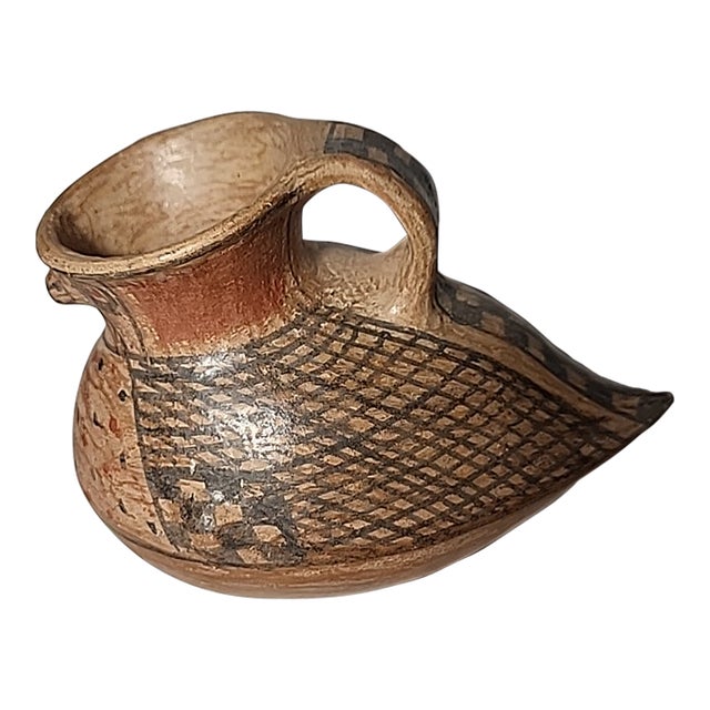 Vintage Chilian Pottery Bird Effigy Vessel Handle Folk Art Pottery Primitive For Sale