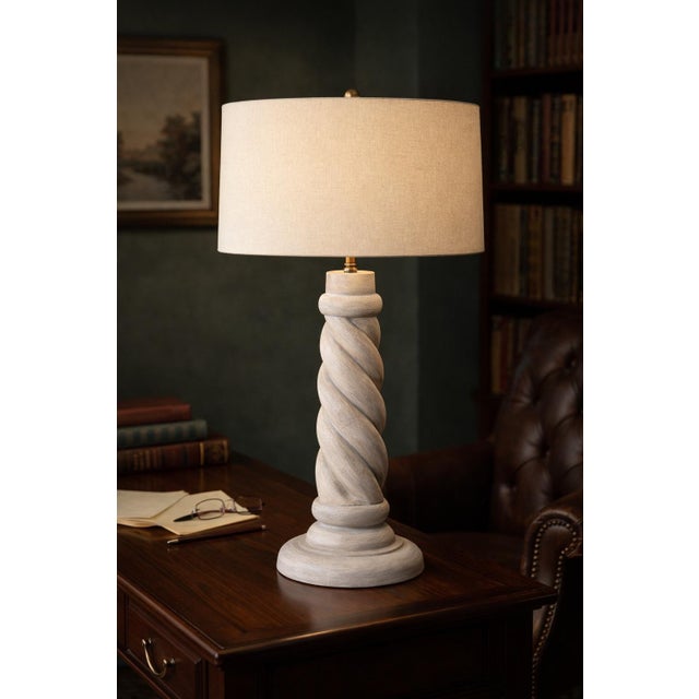 Late 20th Century Large Sculptural Barley Twist Plaster Table Lamp With 17” Linen Drum Shade – 33” Tall For Sale In Los Angeles - Image 6 of 7