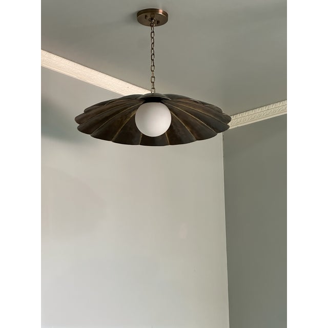 Vintage-Inspired Brass Flush Mount Ceiling Light With Adjustable Chain and Milk Glass Globe For Sale - Image 6 of 13