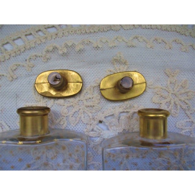 Glass Antique Pair of Signed Ltyptane Paris Gold Star Design with Ornate Gold Stoppers Perfume Bottles For Sale - Image 7 of 13
