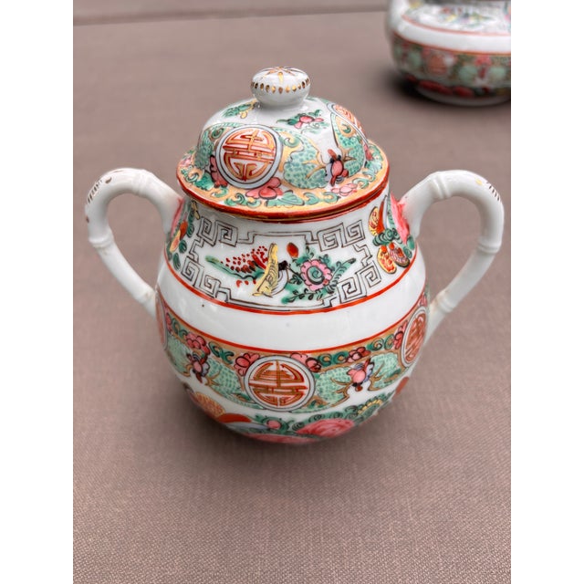 Ceramic Vintage Chinese Export Famille Rose Medallion Canton Porcelain Tea Service | 11 Piece Hand-Painted Teapot Set With Cups, Creamer & Covered Bowls For Sale - Image 7 of 12