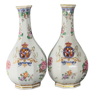 Early 20th Century Pair Famille Rose Armorial Porcelain Vases by Samson of Paris For Sale