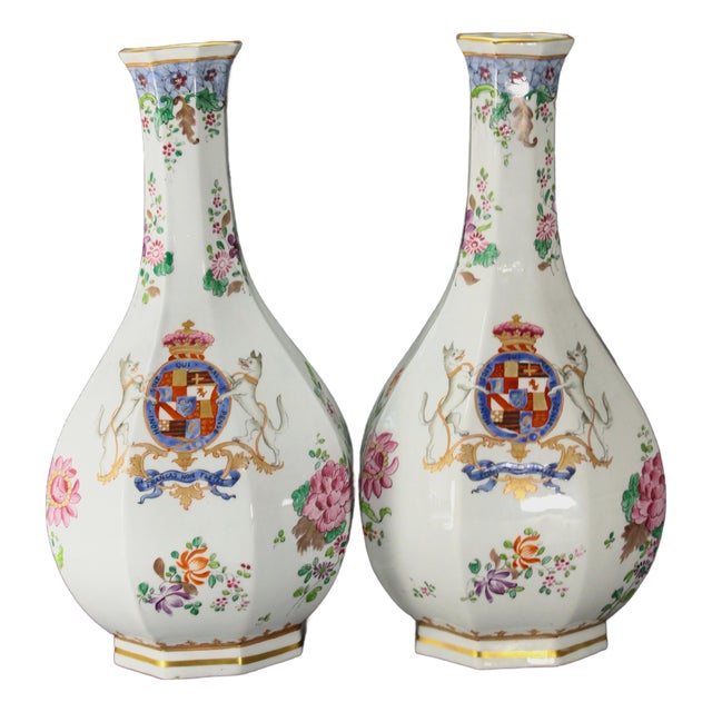 Early 20th Century Pair Famille Rose Armorial Porcelain Vases by Samson of Paris For Sale