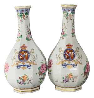 Early 20th Century Pair Famille Rose Armorial Porcelain Vases by Samson of Paris