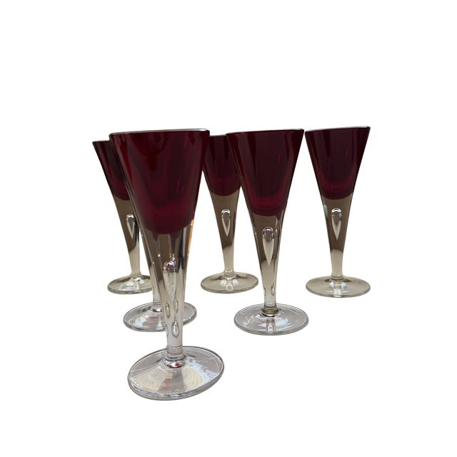Vintage Mid-Century ModernPolish Ruby Red Art Glass Cordial Glasses Set of 6 Stemware For Sale - Image 4 of 14