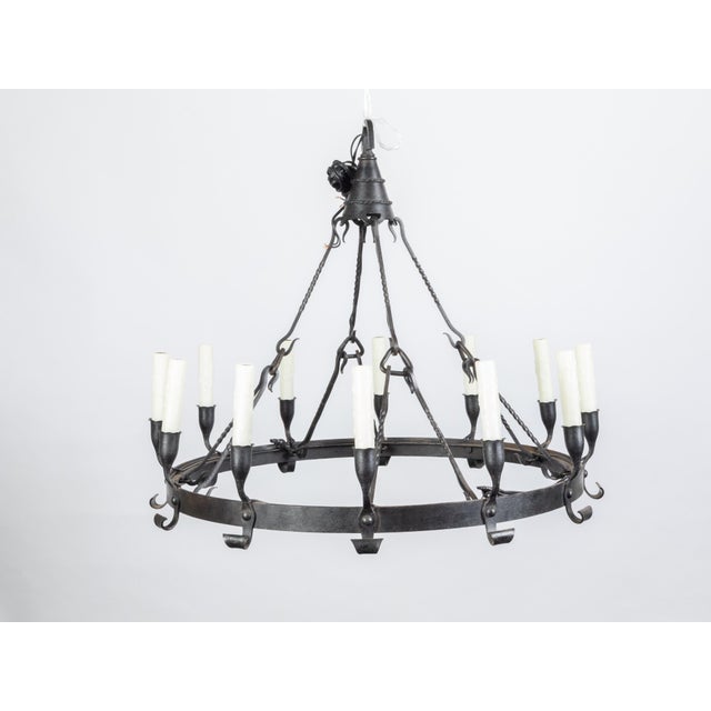 1900s Spanish Colonial 12-Light Iron Chandelier with Ring and Dark Patina For Sale - Image 11 of 12