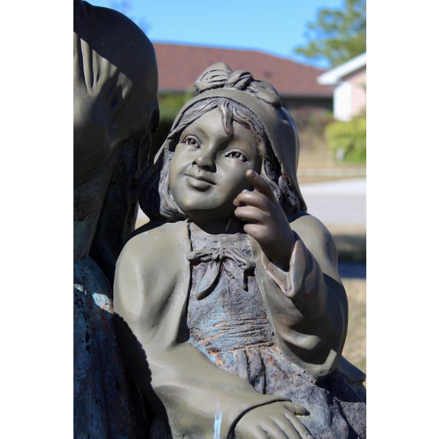Vintage Life-Size Victorian Mother & Child Garden Sculpture With Bronze Faces, Hands & Upper Body – Garden Bench Statue With Basket Planter, 1980s For Sale - Image 11 of 18