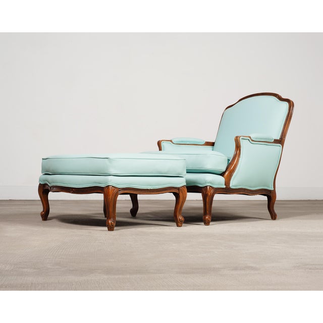 Louis XV Style Bergère Lounge Chair in Tiffany Blue + Ottoman For Sale - Image 4 of 18