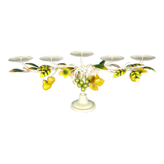Late 20th Century Tole Hand Painted Metal & Iron Candle Holder, Pears Apples Grapes For Sale
