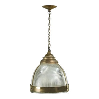 1920s Brass Finish Holophane Glass Pendant Light Brass With Ribbing For Sale