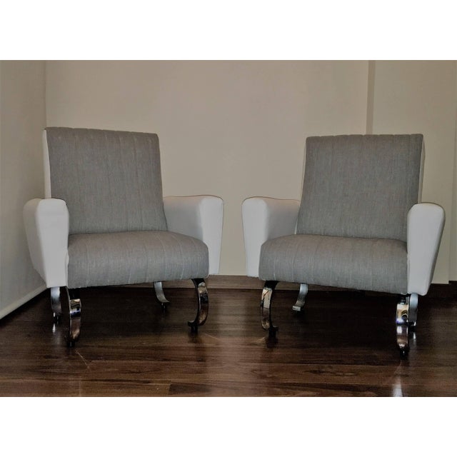 Mid-Century Exclusive Sleek Italian Armchairs With Curved Metal Base - a Pair For Sale - Image 6 of 7