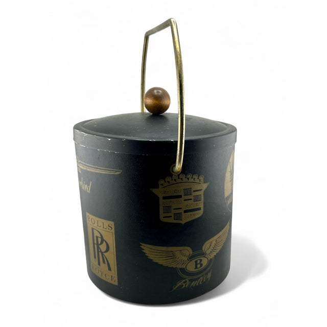 Vintage Mid Century Black Leather Luxury Car Brands Ice Bucket- Ferrari, Rolls Royce, Jaguar, Etc. For Sale - Image 4 of 10