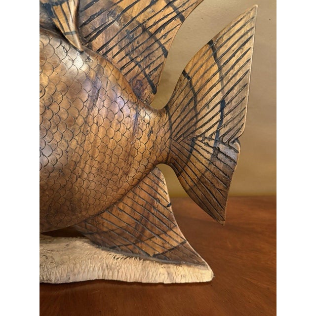 Wood Vintage 1950s Indonesian Hand-Carved Teak Angelfish Sculpture – 19.5" For Sale - Image 7 of 12