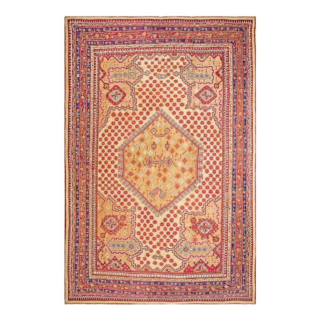 Great Camel and Claret Color With Unique Hexagonal Design Antique Smyrna Oushak Rug For Sale