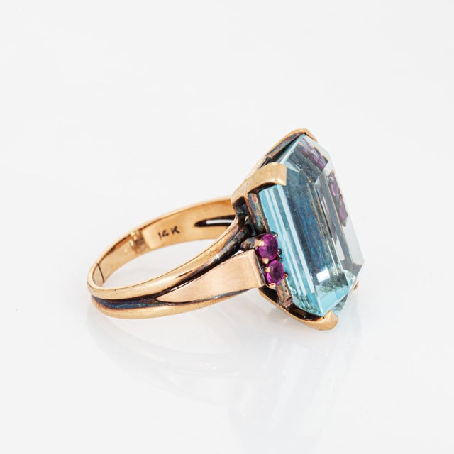 Mid-Century Modern 14ct Aquamarine Ring Icy Blue Vintage Mid Century 14k Gold Emerald Cut Ruby, Size 6.5 For Sale - Image 3 of 7