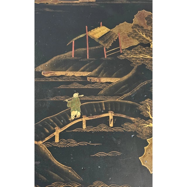 Mid 20th Century French Mid-Century Chinoiserie Black Lacquered Gilt Metal End Table For Sale - Image 5 of 12