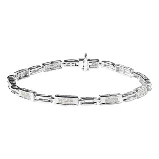 14K White Gold 1.0 Cttw Invisible Set Princess Cut Diamond Alternating Station and Link Tennis Bracelet (I-J Color, I1-I2 Clarity) - Size 7.25" Inches For Sale