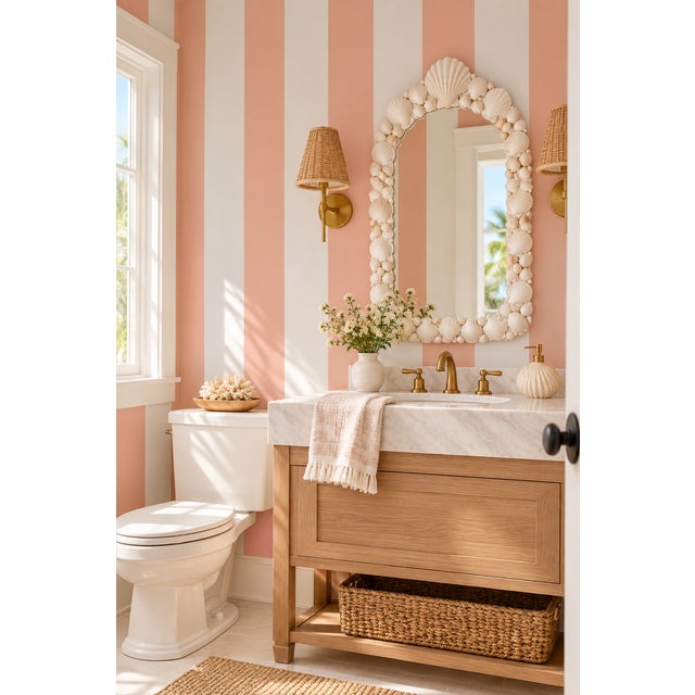 Modern Clubhouse Stripe Grasscloth Wallpaper by House Party | Sunrise Peach & White | 8 Yards For Sale - Image 3 of 9
