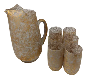 Vintage 1940s 22k Gold Bubble Finish Water Pitcher and Water Glass Set - Set of 7