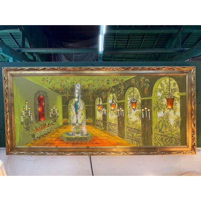 This atmospheric and electronic oil painting depicts a lush Mediterranean-style courtyard with a central fountain, wrought...