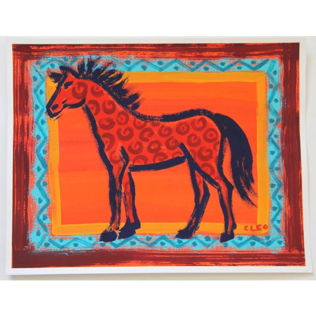 Portrait of a Horse in vivid South West colors, orange, red, yellow, turquoise, navy blue with multiple Native American...